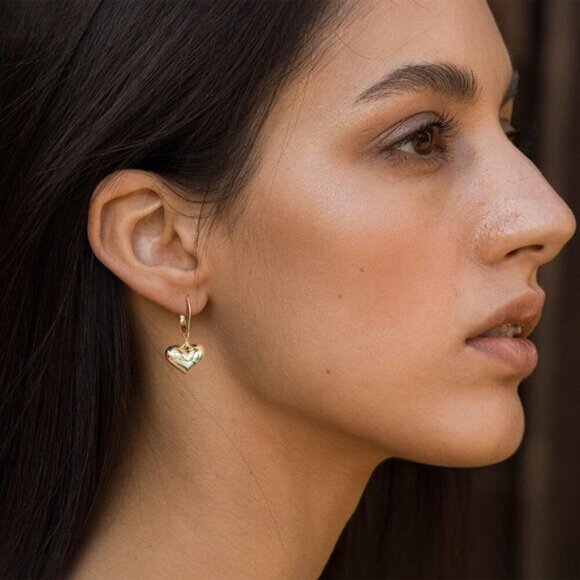 14K Gold-Puffed Heart Leverback Dangle Drop Hypoallergenic Earring for Women - Picture 2 of 7